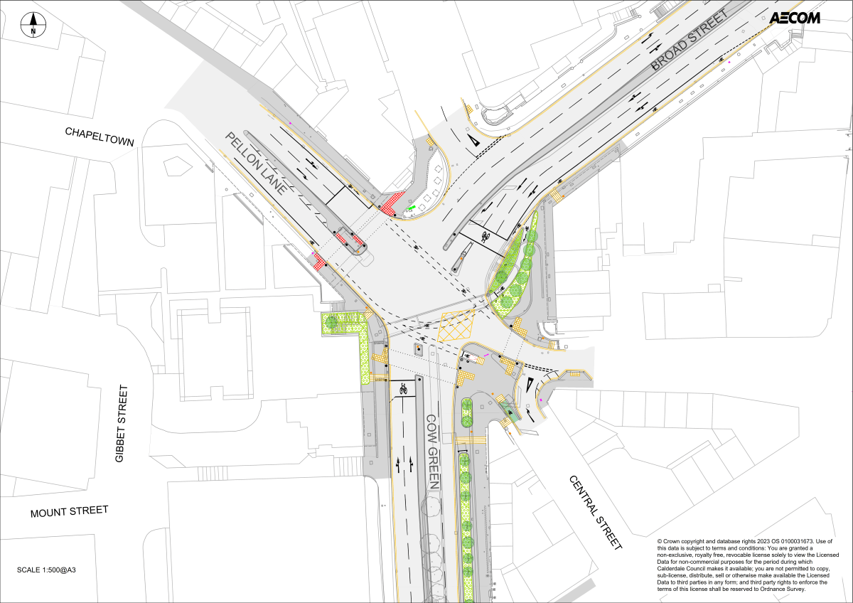 Drawing showing proposals for changes to the layout at the junction of Pellon Lane, Cow Green, and Broad Street. There will be wider footpaths, trees, and more space for people walking or wheeling.